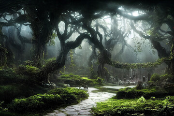 Obraz premium Painting of ancient forest with tombstones big trees and a river flowing through