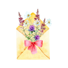 Watercolor illustration of summer message with purple wildflowers isolated on a white background.