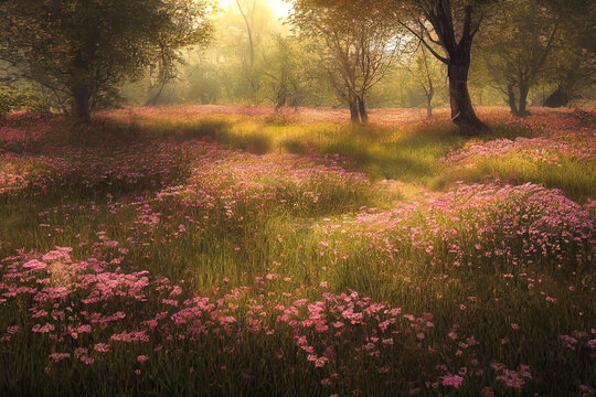 Painting of pink flowers and trees in spring meadow