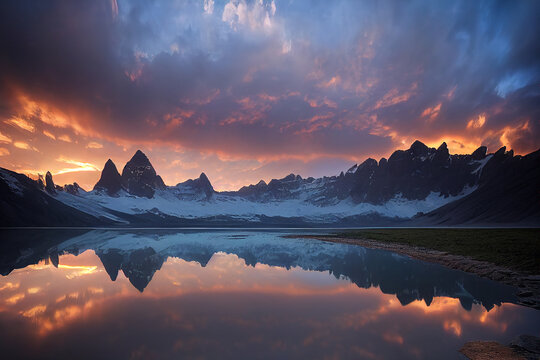 Photo realistic 3D render of mountains in sunset before lake hills reflecting in the water