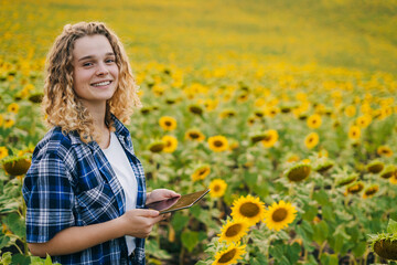 Naklejka na ściany i meble Farmer woman with curly hair looking at camera holding a phone among yellow sunflower fields. Sunflower business concept. Smart farm. Copy space