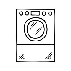 Washing machine sketch. Household appliances for washing linen and clothes. Vector black and white isolated illustration. Hand drawn outline