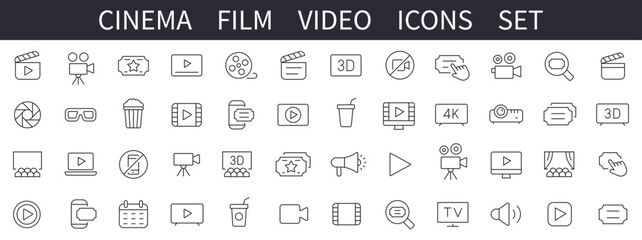 Cinema icons set. Cinema symbols set. Movie line icons. Film, Video icon vector