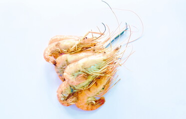 grilled river shrimp with salt arranging on white background