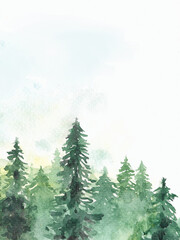 Fototapeta premium Pine tree forest and mountain view nature watercolor painting on paper texture