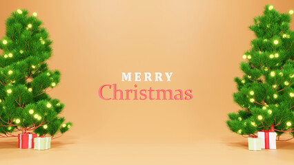3D Rendering, Christmas tree and gift box with yellow smooth background