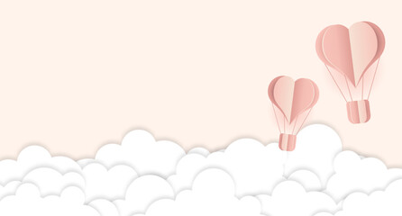Paper cut heart hot air balloon and white clouds. Origami made hot air balloon and clouds. Paper art style. Greeting or Sale banner. Vector illustration