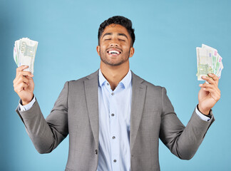Happy businessman, cash and money on studio background, euro finance and profit from economy,...