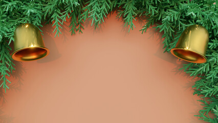 3D Rendering, Christmas card concept. The bell and wreath on the free space background.