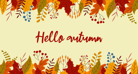 Hello autumn lettering postcard. Seamless horizontal banner with autumn colorful plants. Charming autumn pattern. Hand drawn. Vector illustration