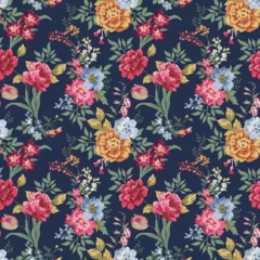 Abwaschbare Fototapete Trendy Seamless Floral Pattern in Vector,Bright seamless pattern flowers drawn on paper paints.Roses pattern bunch of flowers, repeating print for fabric on dark blue background. © belleza
