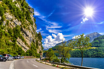 Road with cliffs, Alpnachstadt, Alpnach, Obwalden, Switzerland