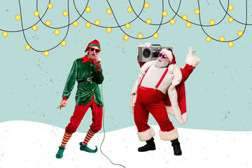Creative collage picture of excited funky santa elf helper sing dance boombox music drawing garland...