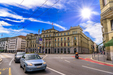 Fototapeta premium City center with cars in Lucerne, Luzern, Switzerland