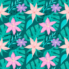 Floral bright vector seamless pattern with exotic plants, monstera leaves, palm trees