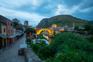 Mostar Bridge and lightning strikes in the evening