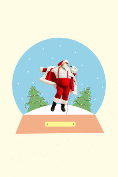 Vertical Collage Image Of Excited Overjoyed Santa Claus Grandfather Hold Microphone Sing Christmastime Miracle Isolated On Drawing Background