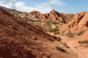 Fairytale canyon or Skazka Canyon, Natural park of colorful rocks near Issyk-Kul lake, Kyrgyzstan.