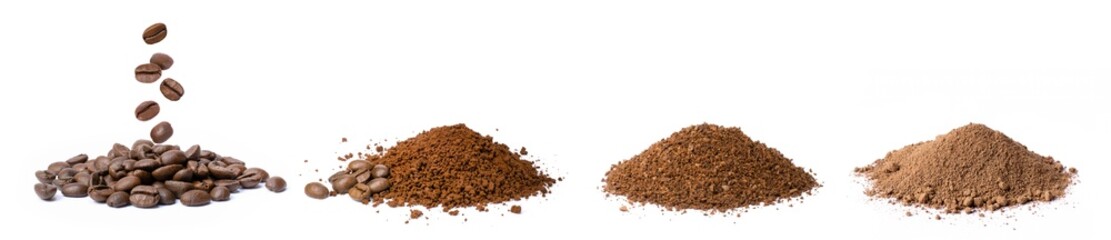 Pile of coffee grind (ground coffee) with coffee beans isolated on white background.