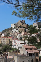 Paysage d'un village de Provence en pierre avec pin parasol et esprit de vacances en Provence dans le sud de la France