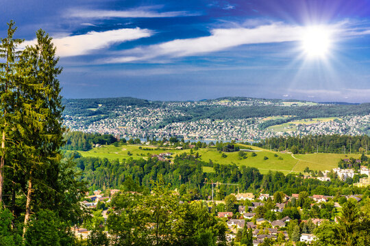 Houses and forests with meadows, Langnau am Albis, Horgen, Zurich, Switzerland