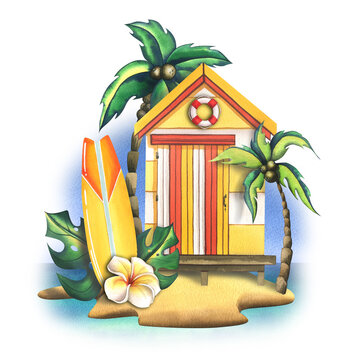 Fishing beach, striped wooden house with a surfboard, palm trees, tropical leaves. Watercolor illustration. Composition from the SURFING collection. For decoration and beach, summer design