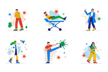 Fototapeta na wymiar Coronavirus set of mini concept or icons. People cough get sick covid 19, patient hospitalization, virus research, fight and prevention, modern person scene. Illustration in flat design for web