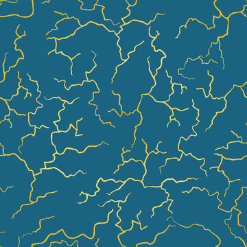 Golden Crackle, a dark blue vector seamless pattern. A dark blue surface is breaking up and reveals through the fissures a golden background. Part of Golden Winter collection by Tamara Rapp.
