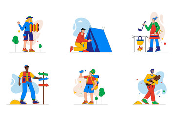 Camping and hiking set of mini concept or icons. People resting in tent, cooking on campfire, collect firewood, follow route on map, modern person scene. Illustration in flat design for web