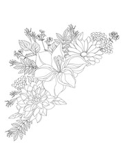 Angular floral frame.flowers, small flowers on a white background. Angular floral pattern with monograms and curls for tattoo design.