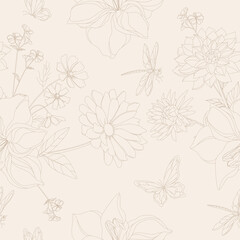 Flowers. Retro silhouette meadow flowers seamless pattern, retro style design for fashion, fabric, cobwebs, wallpaper, packaging and all prints on vintage background.