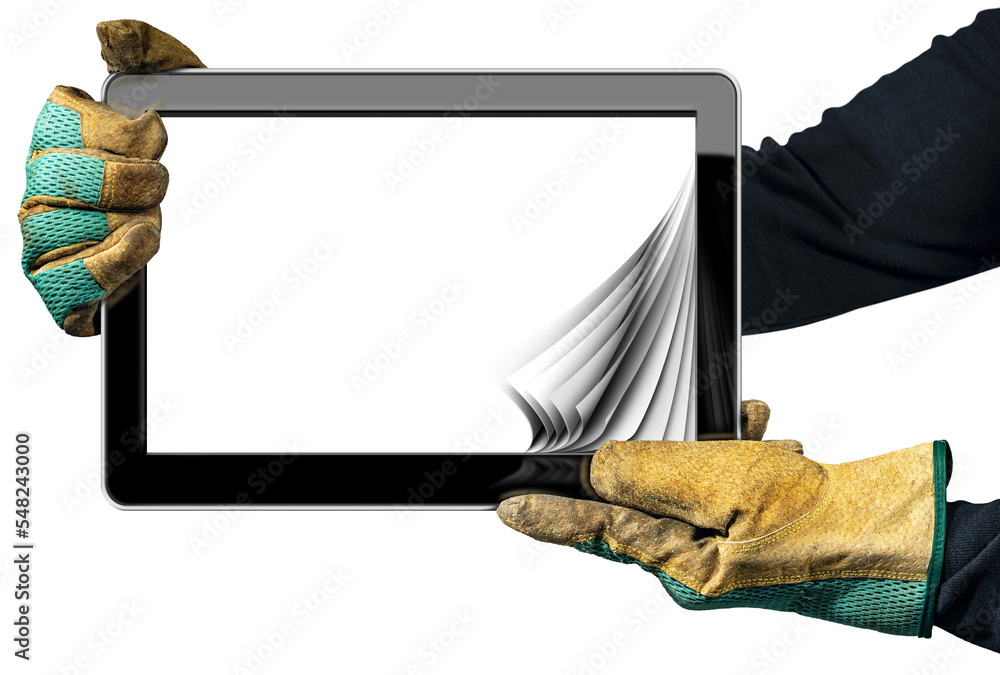 Poster manual worker with protective work gloves holding a black tablet computer with blank curled pages an