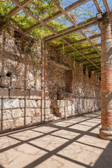 Archeology rehabilitated remains of a Roman construction columns in a promenade with plants and...