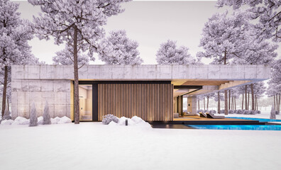 3d rendering of new concrete house in modern style with pool and parking for sale or rent and beautiful landscaping on background. One floor house. Cool winter evening with cozy light from windows