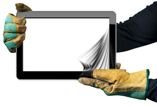 Manual Worker with protective work gloves holding a black tablet computer with blank curled pages and copy space. Isolated on transparent or white background, png. - Powered by Adobe