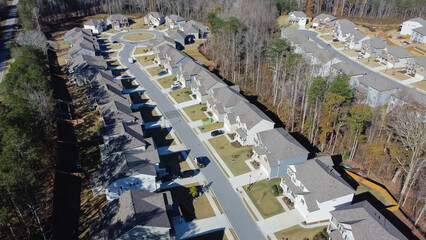 Aerial view residential street with cul-de-sac along row of new development two story houses surrounded by tall pine tree parks suburbs Atlanta, Georgia, USA