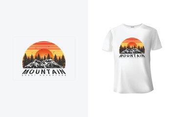 Mountains adventure t-shirt design with trees, sun, and birds. Colorful striped T-Shirt for fishing, hunting, camping, hiking.