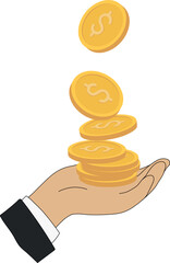The person gets a lot of money. Vector illustration of gold coins dollars in hand. Making a profit, cashback