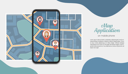 Map application on mobile phone with city direction street view and map pointers