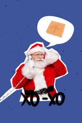 Creative retro 3d magazine image of unsure xmas grandfather answer phone forget prepare presents isolated painting background