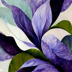 Purple and blue watercolor flowers with green stems and leaves.