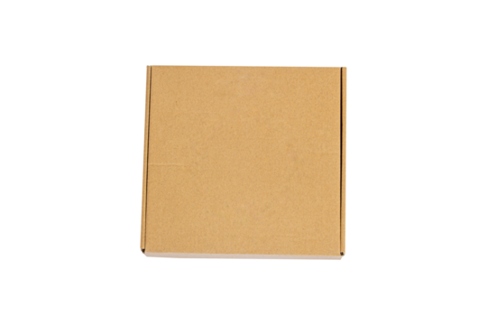 Top view of cardboard box with blank cover on transparent background, png