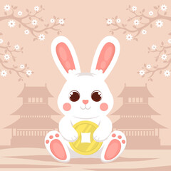 Cute rabbit with lucky coin and blooming cherry blossoms on a beige background