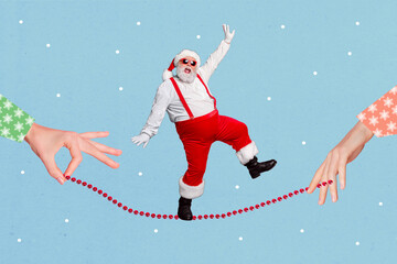 Composite collage image of two hands hold rope excited mini santa claus walking balancing isolated...