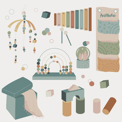Kid's room set with toys, organizers, a xylophone and a storage box. Organization of a cozy room for a child.