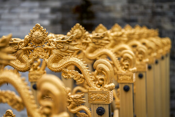 Close-up of retractable iron gate carved with golden dragon pattern