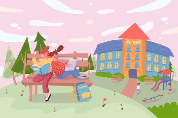 Obraz na płótnie Canvas Children back to school concept in cityscape background. Girls reading books or doing homework sitting on bench. Nature scenery with path, trees, building. Illustration in flat cartoon design
