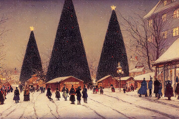 Christmas card illustration vintage style, oil pastel hand-painted style ai generated, village with people celebrating Christmas on a snowy day, happiness