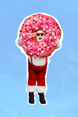 Creative photo 3d collage artwork poster postcard brochure of happy man hold big sweet donut...
