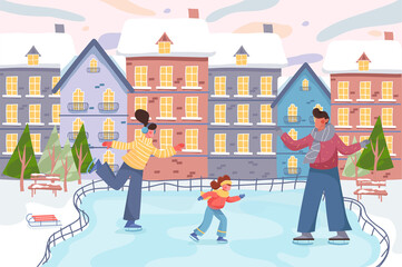 Happy winter and family activity at cityscape background. Mother, father and daughter skating on rink in city park. Scenery with trees and snowy buildings. Illustration in flat cartoon design